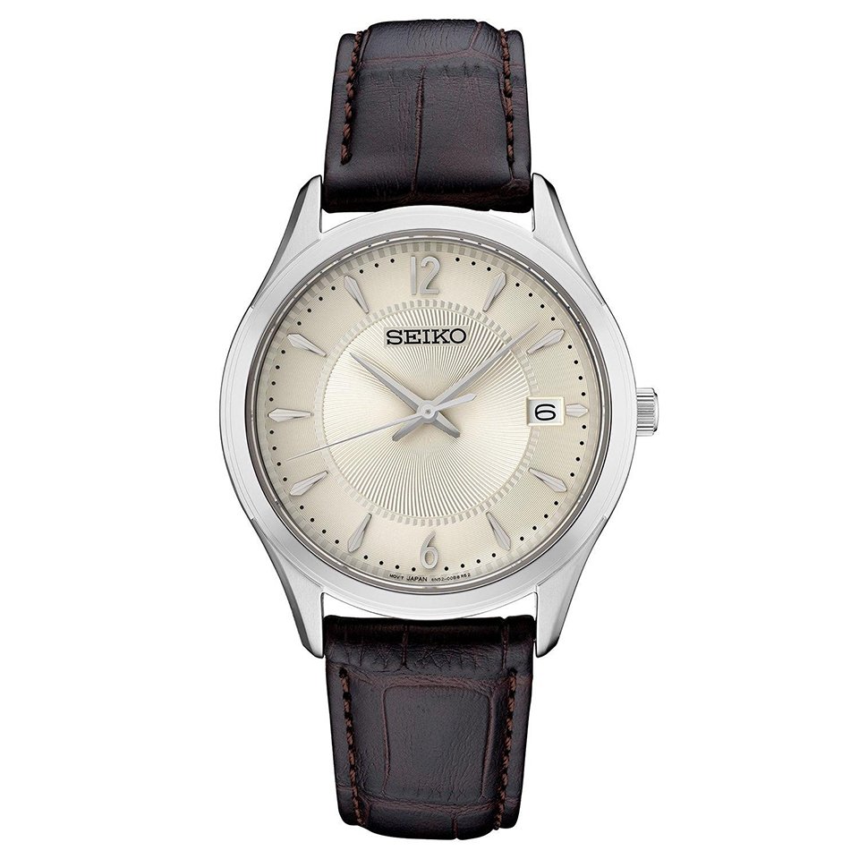 Seiko Mens Essentials Silver & Brown Leather Strap Watch, White Dial