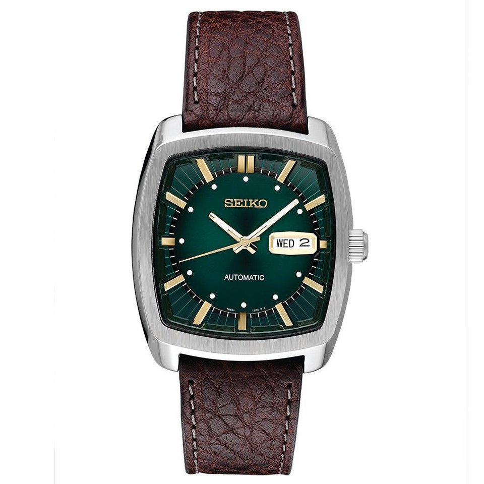 Seiko Men’s Recraft Automatic Brown Leather Strap Watch with Green Dial