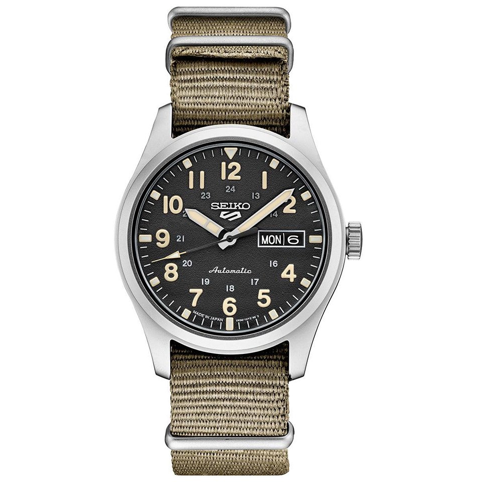 Seiko Men’s Seiko 5 Sports Automatic Beige Nylon Strap Watch with Black Dial
