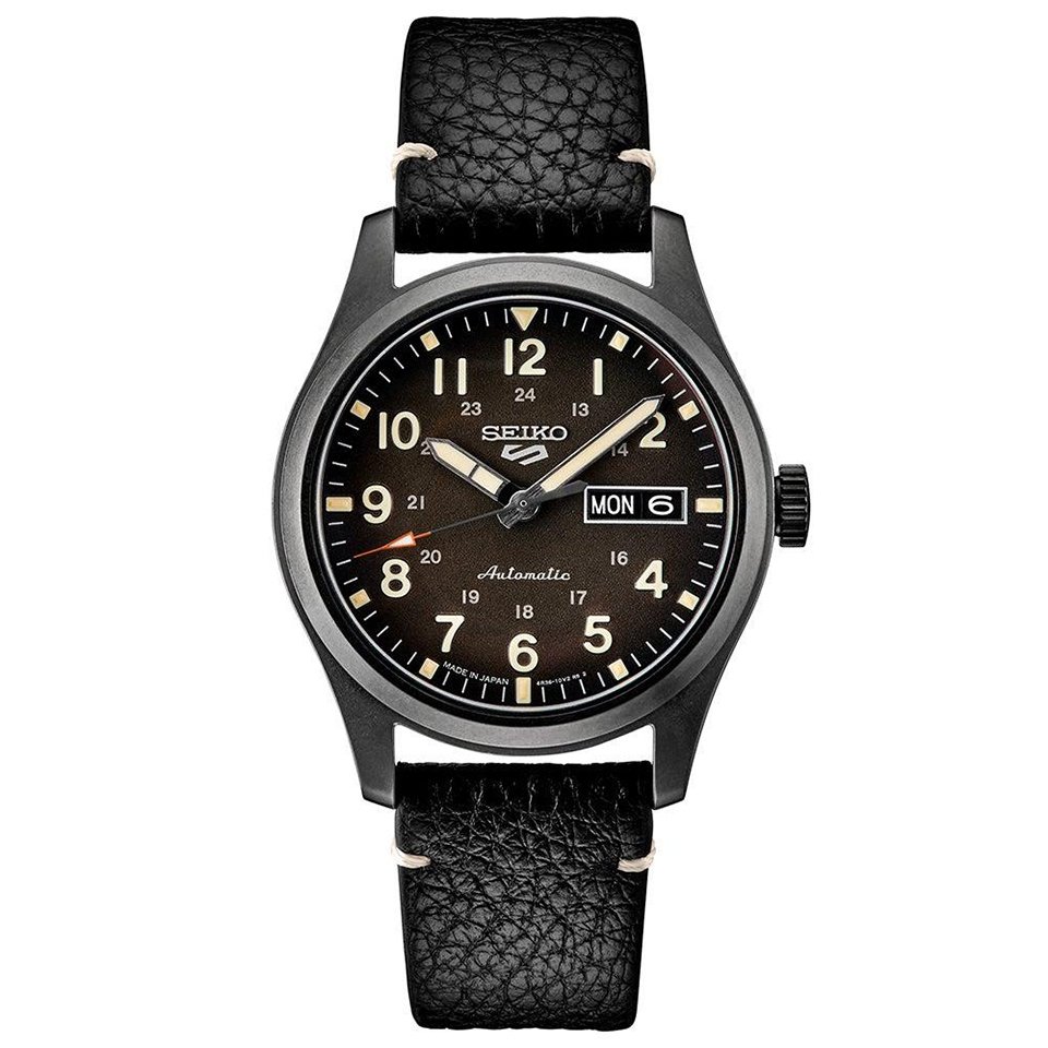 Seiko Men’s Seiko 5 Sports Automatic Black Leather Strap Watch with Black Dial