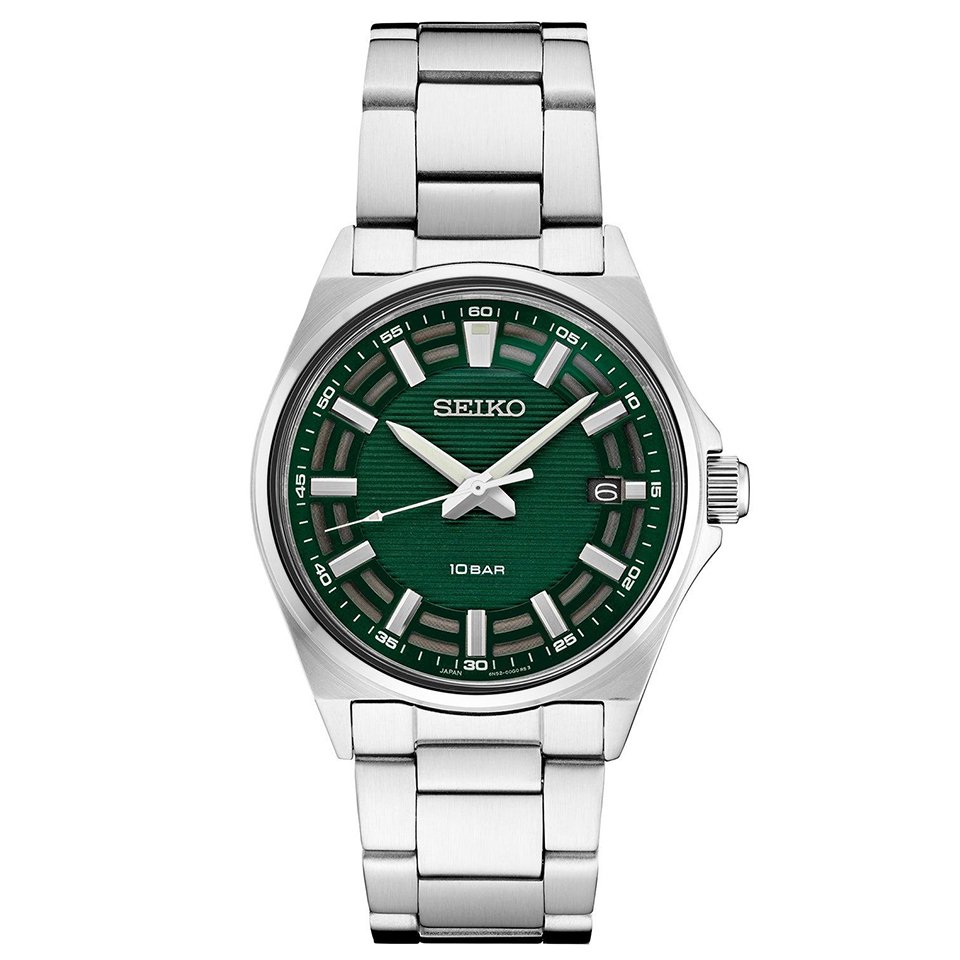Seiko Men’s Essentials Silver-Tone Stainless Steel Watch with Green Dial